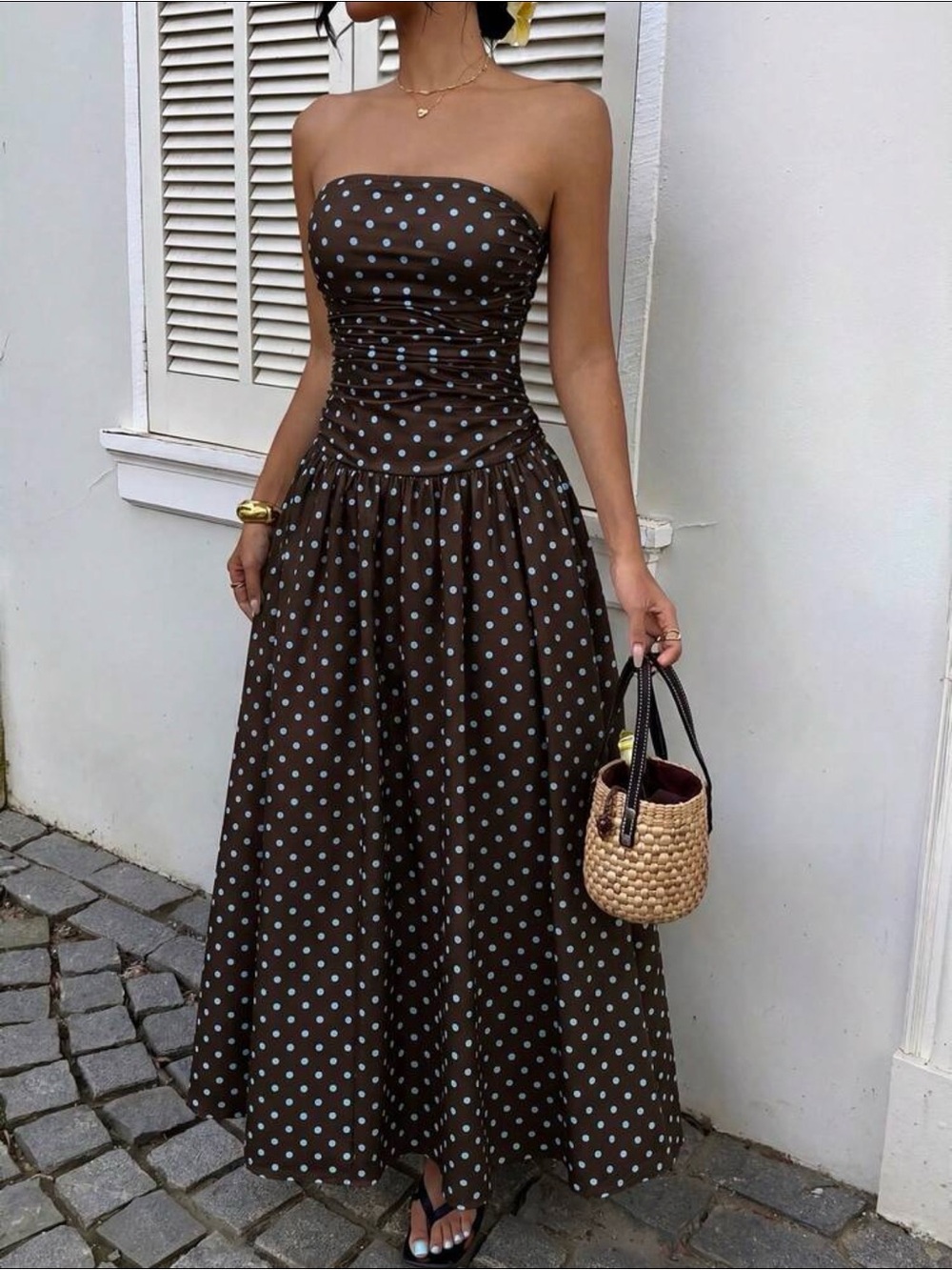 SHEINCurve Strapless Brown Polka Dot Maxi Dress with Light Blue Dots